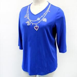 Quacker Factory Plus Blue Valentine's Day Chain Hearts Studs Shirt Top Tunic 1X